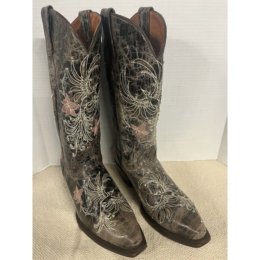 SOTO Boots Women’s 9.5 Distressed Embroidered Bird Floral Shaft Vamp Mexico Nice